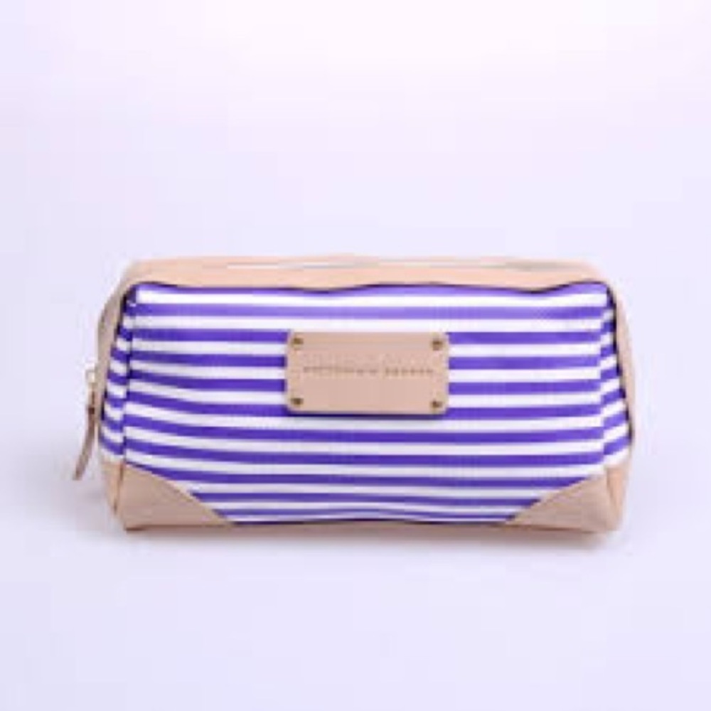 Victoria Secret Purple Striped Cosmetic Bag In Purple And Tan